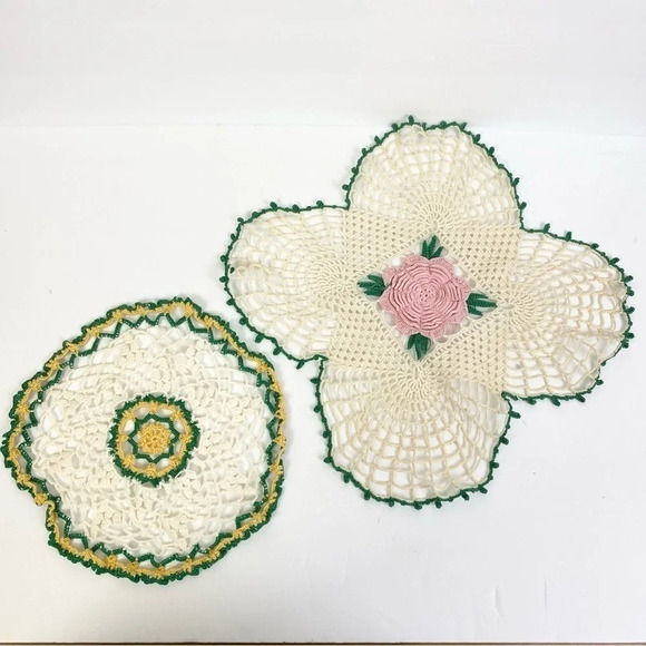 Vintage Lace Crochet Doily Cream Tan Bundle of Two Yellow Green Pink Floral - Picture 1 of 11